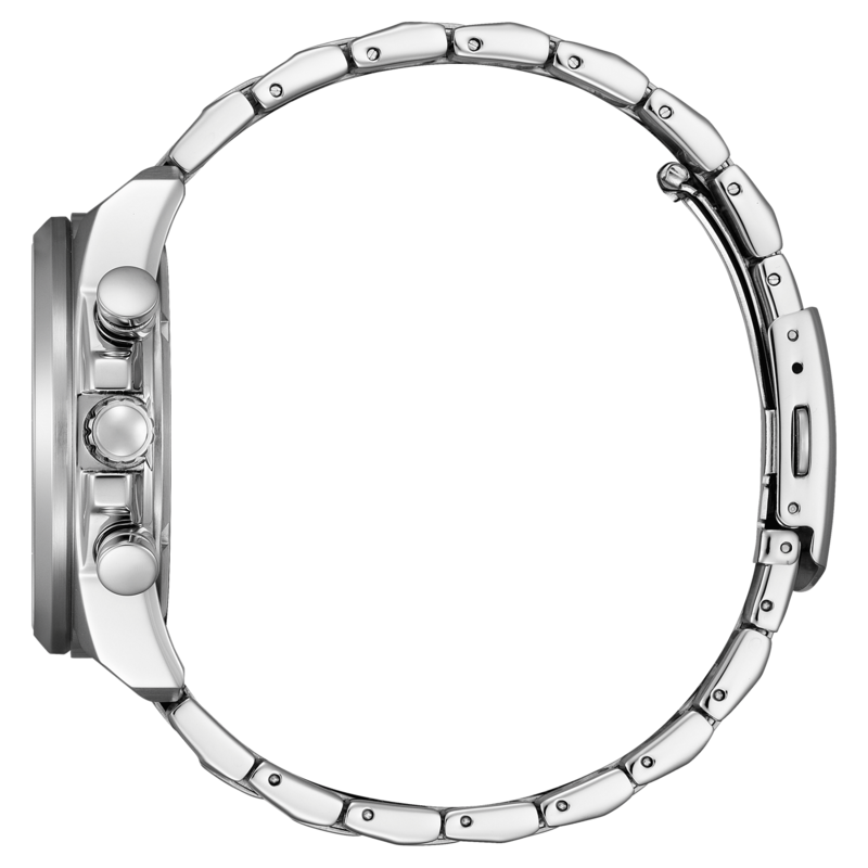 Seitenansicht einer silbernen Armbanduhr mit Metallband und Knöpfen.