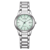 Citizen-Uhr mit hellgrünem Zifferblatt und silbernem Armband, Eco-Drive.