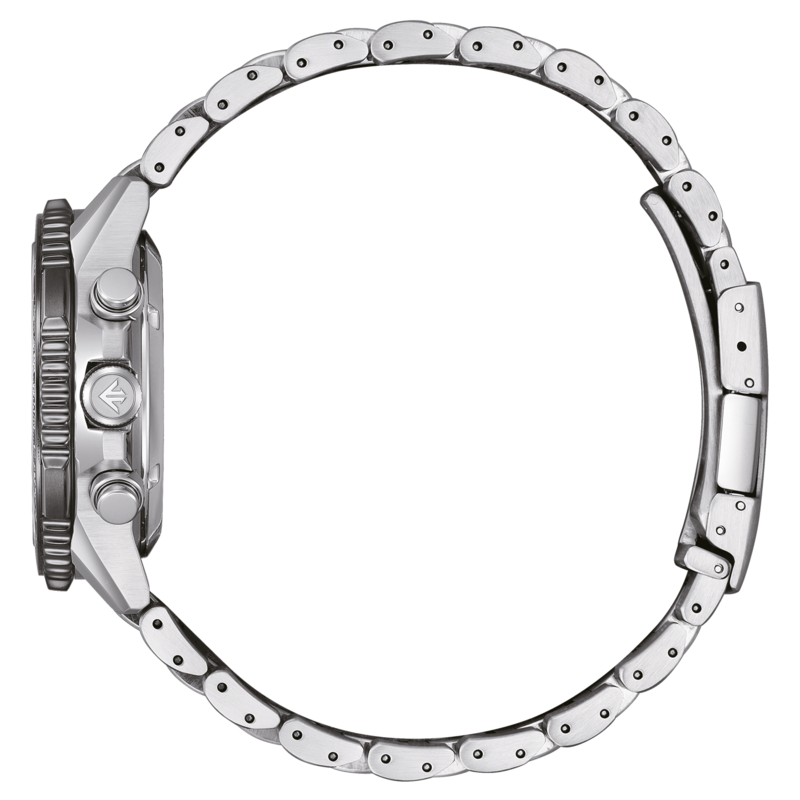 Seitenansicht einer silbernen Armbanduhr mit Metallband und schwarzem Zifferblatt.