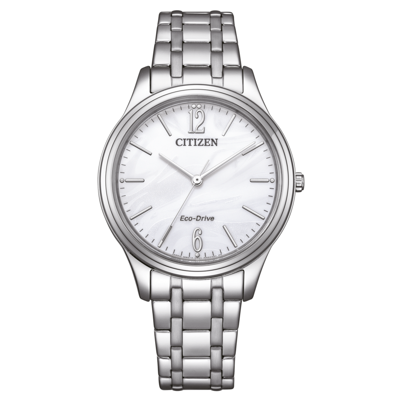 Citizen-Uhr mit weißem Zifferblatt und silbernem Armband, Eco-Drive-Technologie.